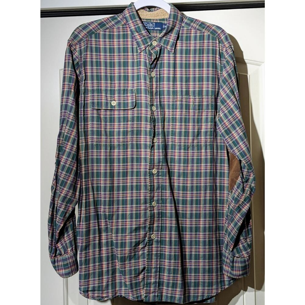 VTG Polo by Ralph Lauren Oversized Green Purple Plaid Elbow Patch Button Up Sz M